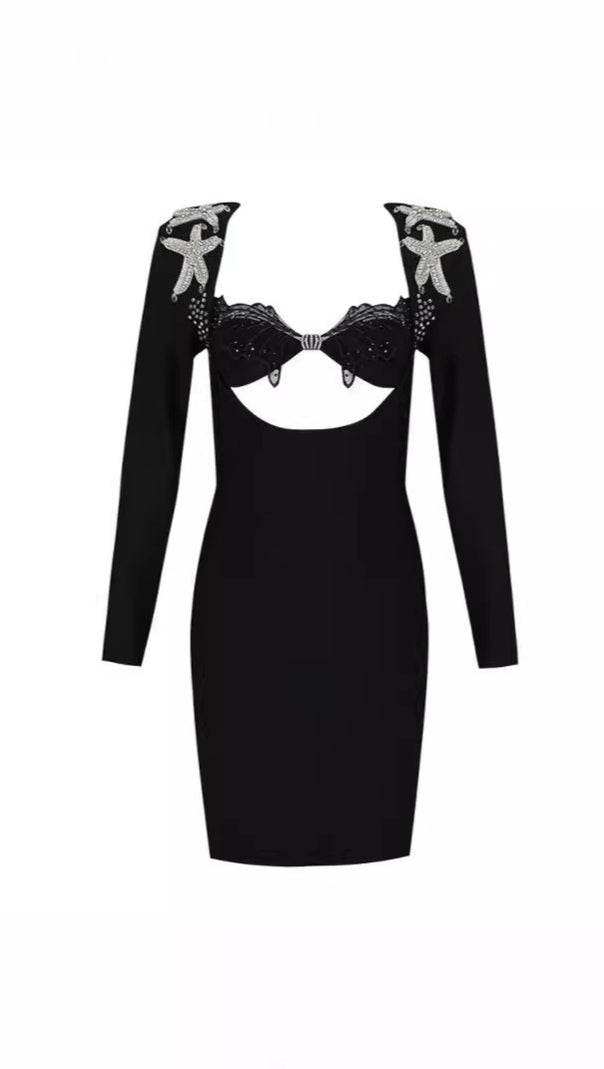 AIIZIE RHINESTONE - STARFISH CUTOUT LONG - SLEEVE MINI DRESS IN BLACK - product image