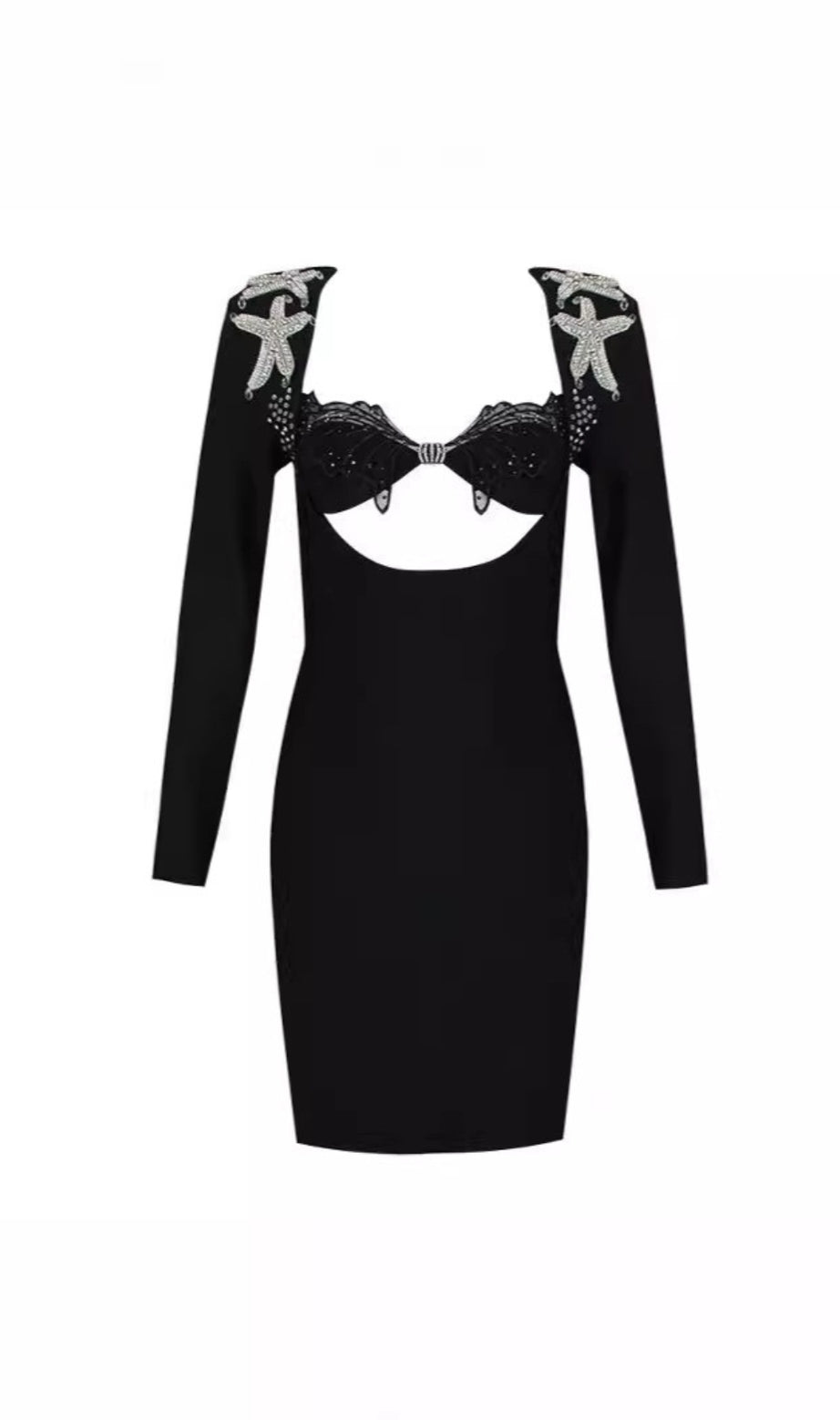 Strass - Seestern - Cutout Langarm - Minikleid in Schwarz 