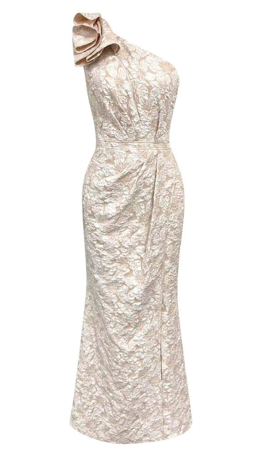 One - Shoulder Ruffle - Detail Midi Dress in Beige Brocade