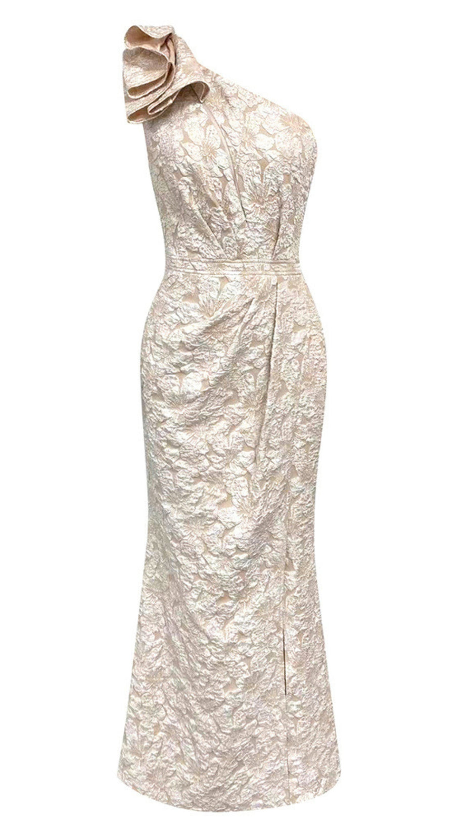 ONE - SHOULDER RUFFLE - DETAIL MIDI DRESS IN BEIGE BROCADE
