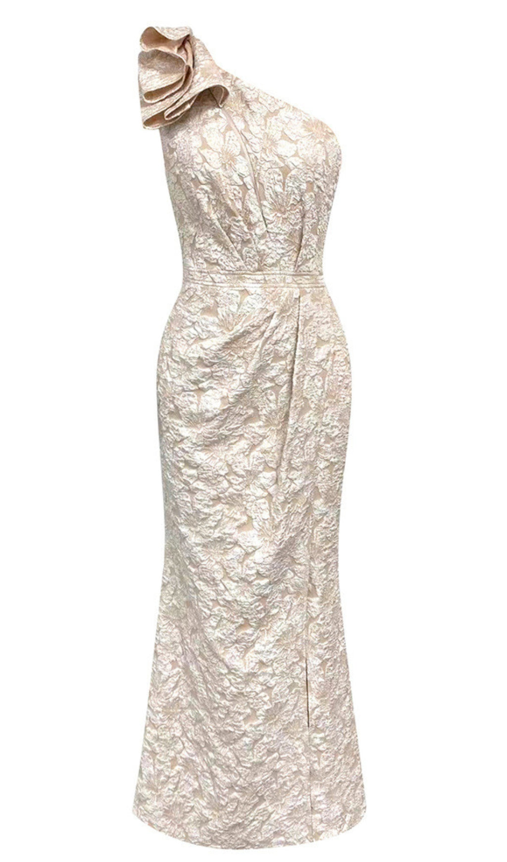 Midikleid mit One-Shoulder-Träger und Rüschendetail aus beigem Brokat