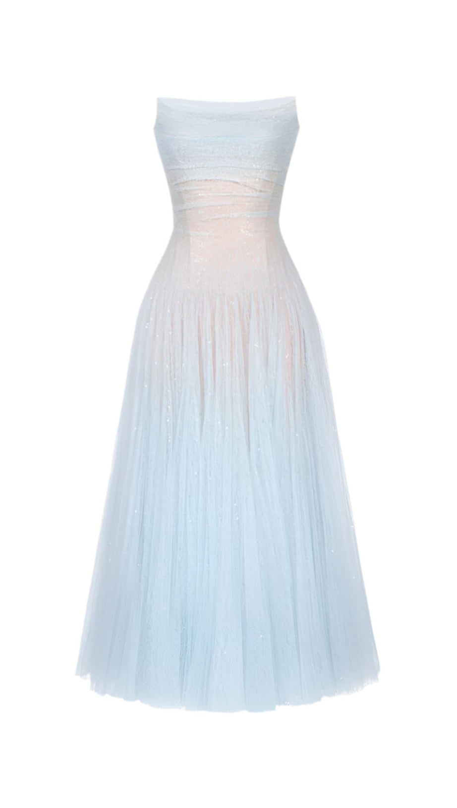 BLUE DRAPED LACE MIDI DRESS