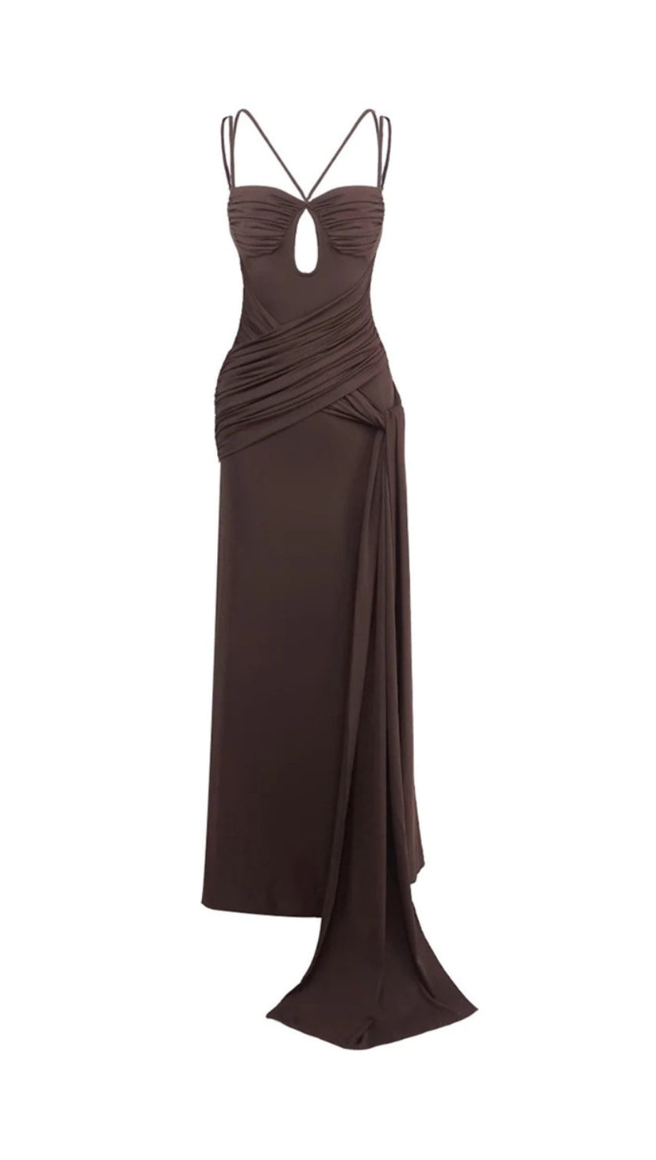 PLEATED STRAPPY DRAPED SLIT MAXI DRESS IN BROWN