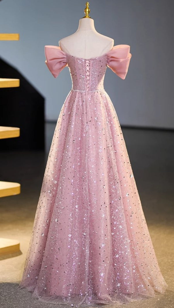 AIIZIE PINK SEQUIN OFF SHOULDER BOW PROM FORMAL MAXI DRESS - product image