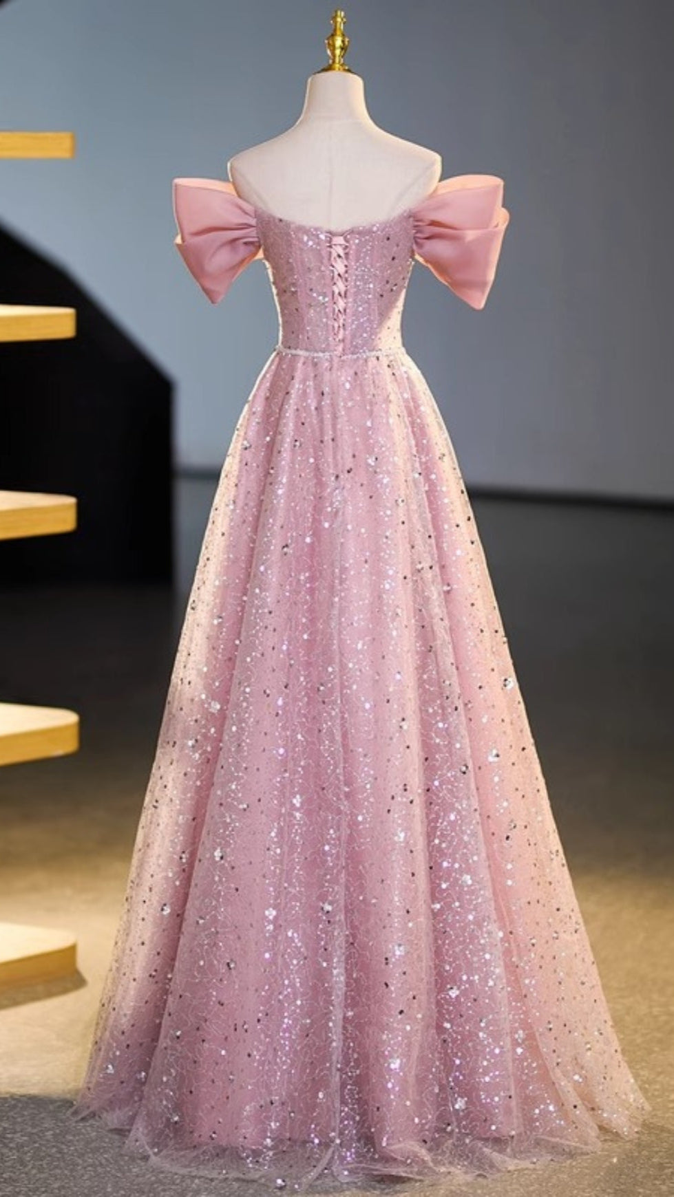 AIIZIE PINK SEQUIN OFF SHOULDER BOW PROM FORMAL MAXI DRESS - product image