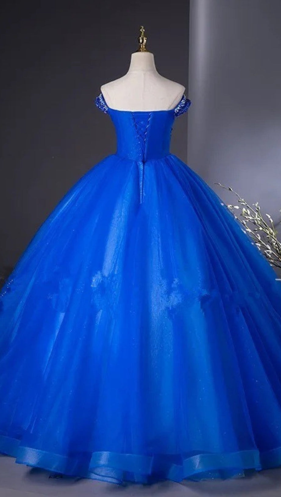 ROYAL BLUE BEADED CORSET BALL GOWN OFF SHOULDER PRINCESS