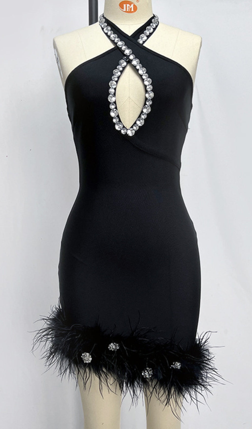 HALTER NECK RHINESTONE CUTOUT FEATHER TRIM MINI DRESS IN BLACK