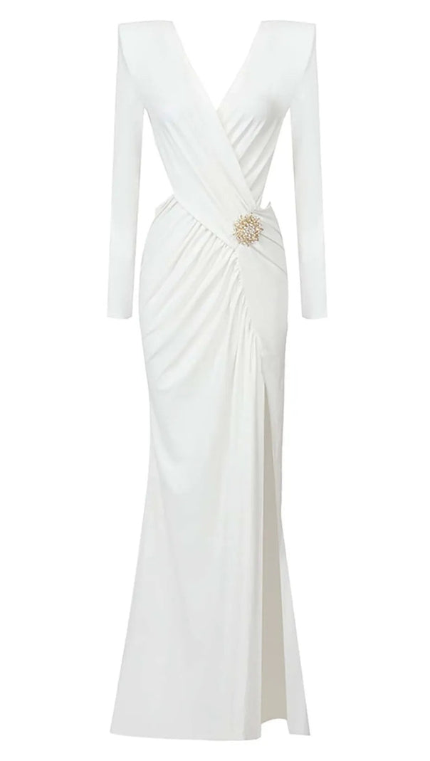 AIIZIE VANESSA V-NECK RUCHED CUTOUT MAXI DRESS IN WHITE - product image