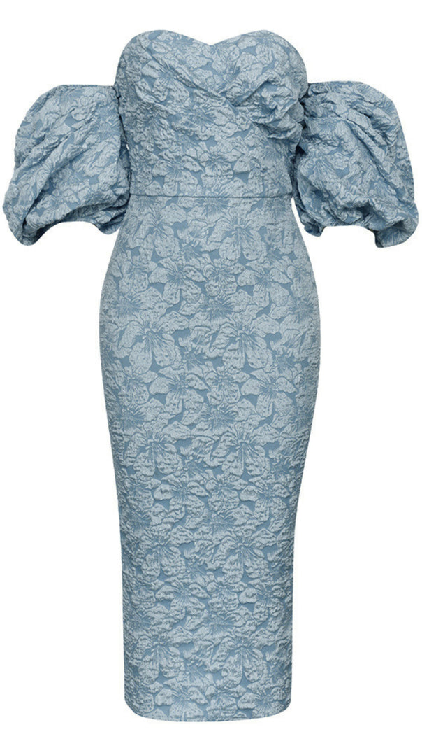 AIIZIE FLORAL - JACQUARD OFF - SHOULDER MIDI DRESS IN NAVY BLUE - product image