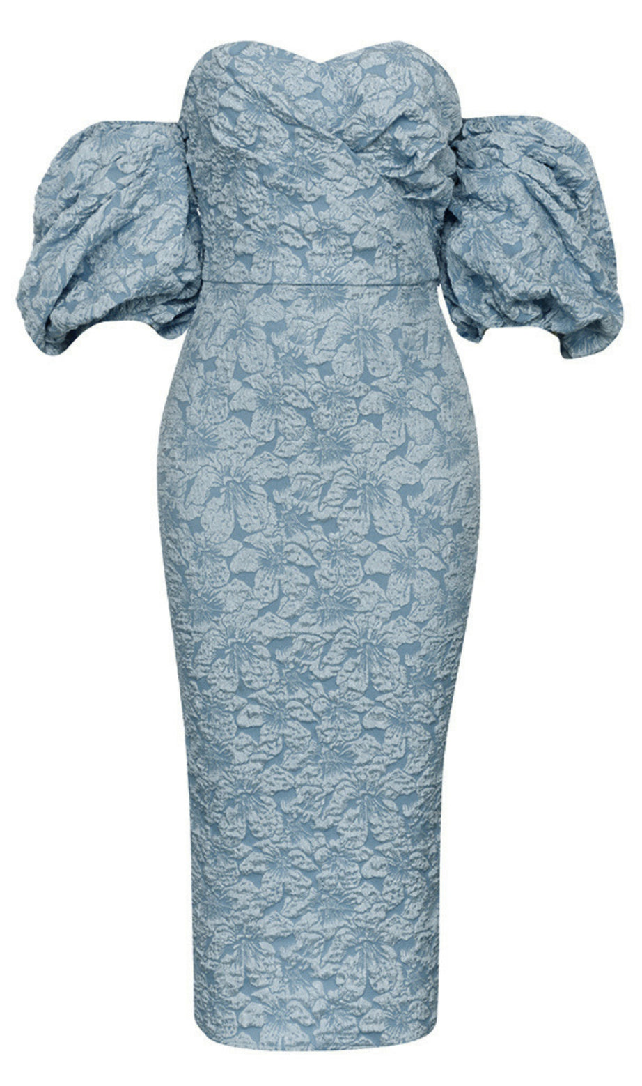 Floral - Jacquard Off - Shoulder Midi Dress in Navy Blue