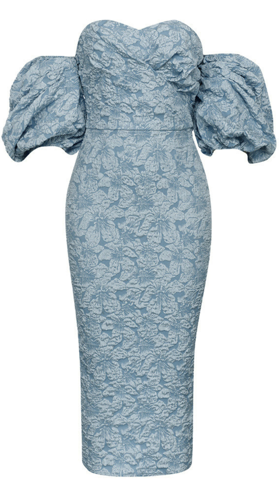 FLORAL - JACQUARD OFF - SHOULDER MIDI DRESS IN NAVY BLUE