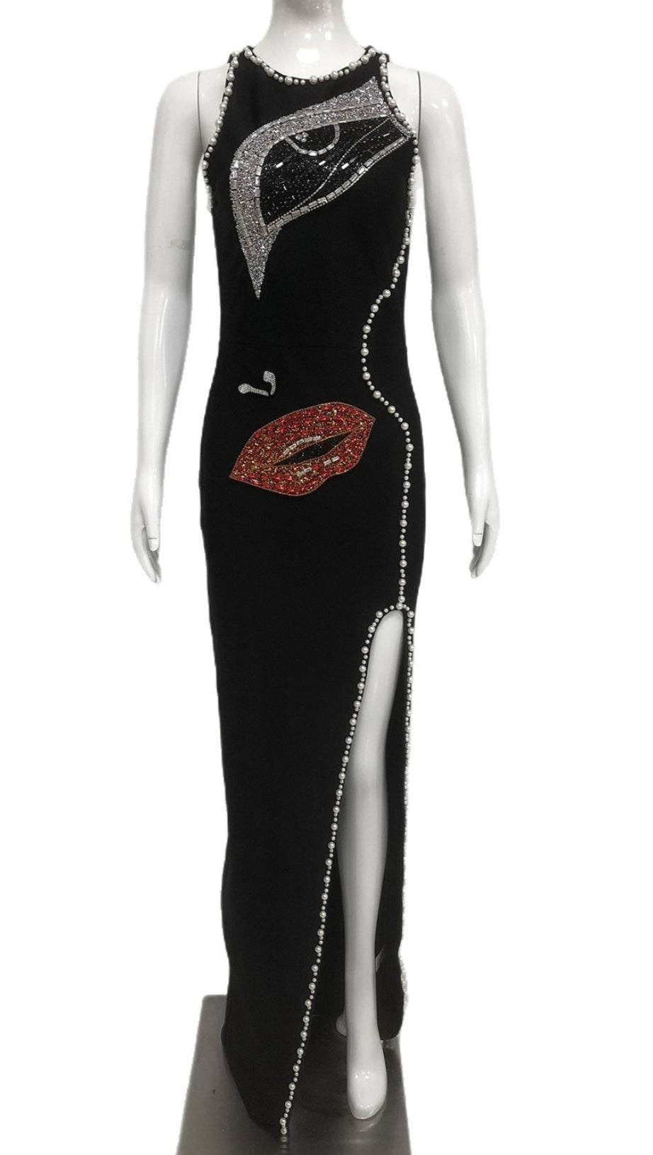 RHINESTONE - EMBELLISHED LIP & EYE SLIT MAXI DRESS IN BLACK
