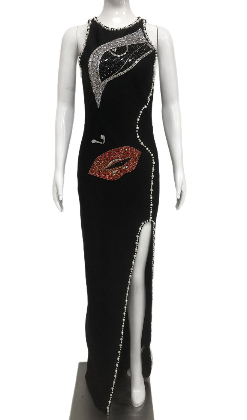 RHINESTONE - EMBELLISHED LIP & EYE SLIT MAXI DRESS IN BLACK