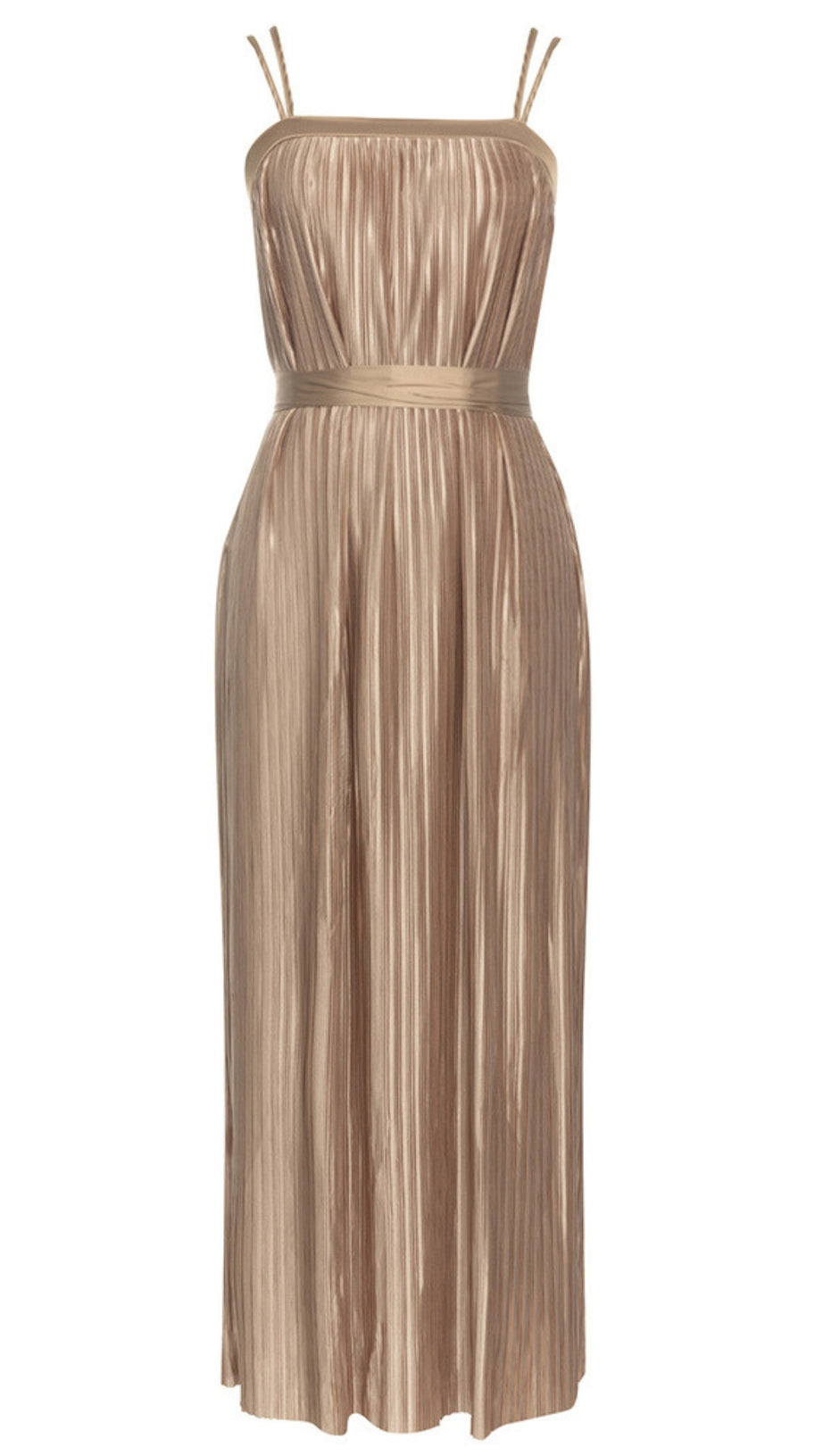 STRAPLESS PLEATED BELTED MAXI DRESS IN CHAMPAGNE