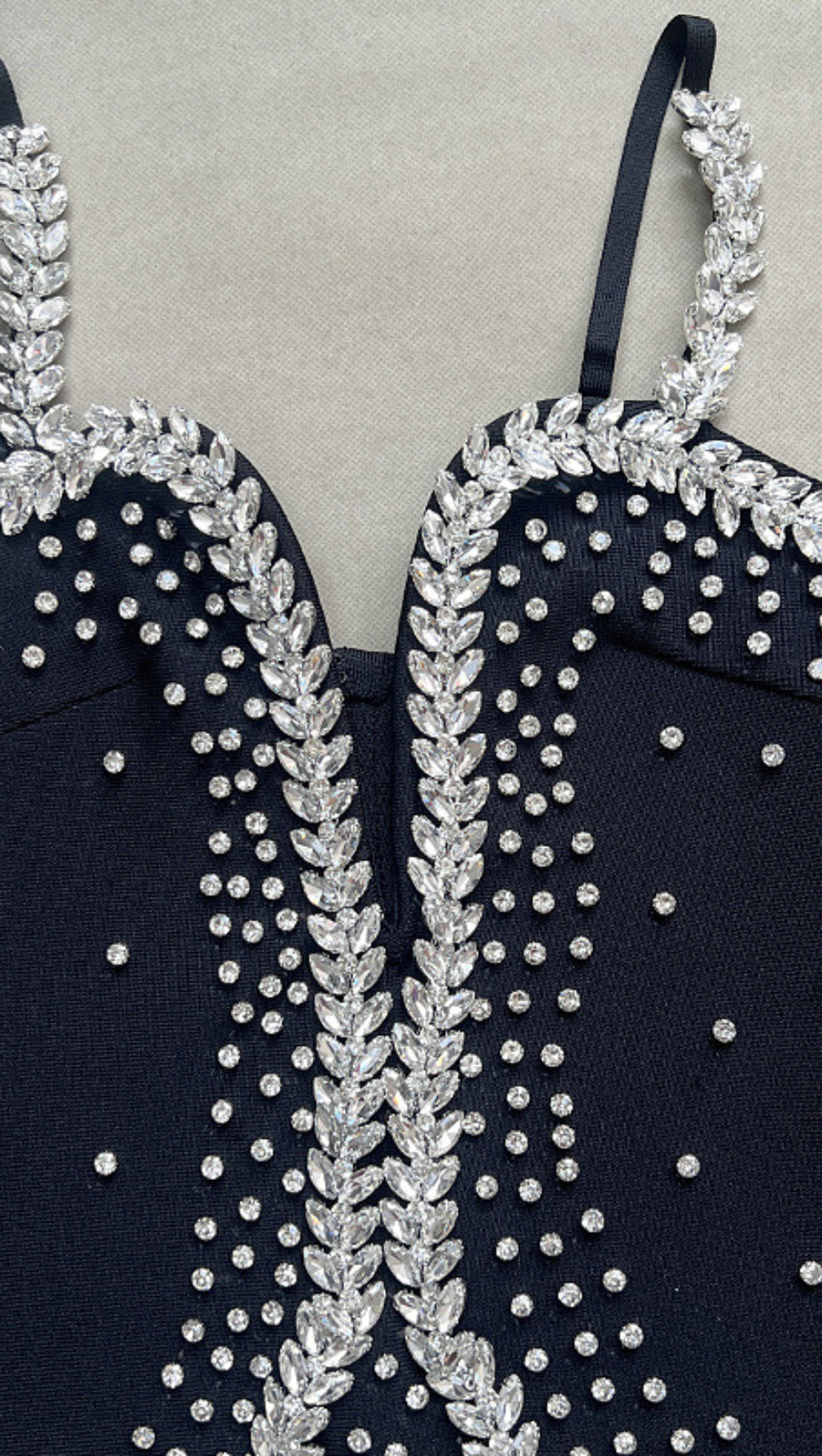 BLACK SPAGHETTI STRAP WHITE RHINESTONE MERMAID MIDI DRESS