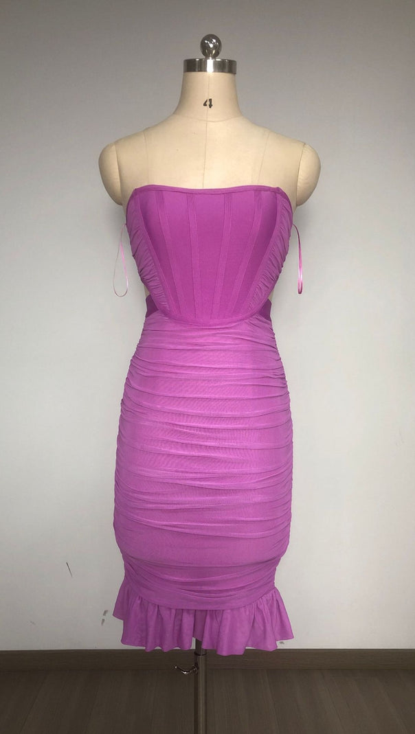 AIIZIE MESH PLEATED BANDAGE MINI DRESS IN PURPLE - product image