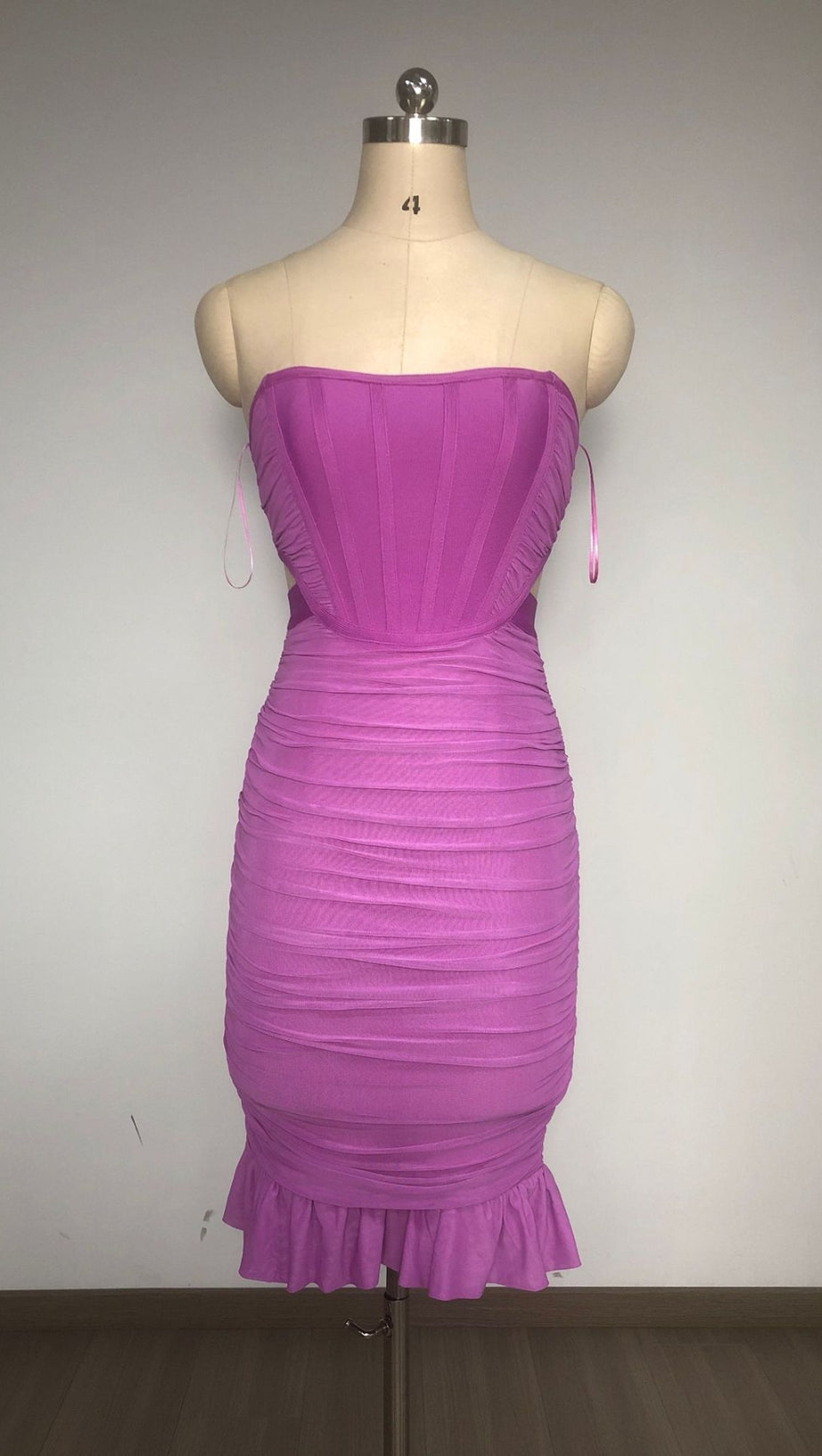 MESH PLEATED BANDAGE MINI DRESS IN PURPLE