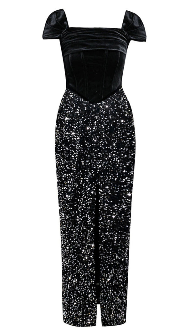 AIIZIE VELVET OFF - SHOULDER GLITTER - SKIRT MAXI DRESS IN BLACK - product image