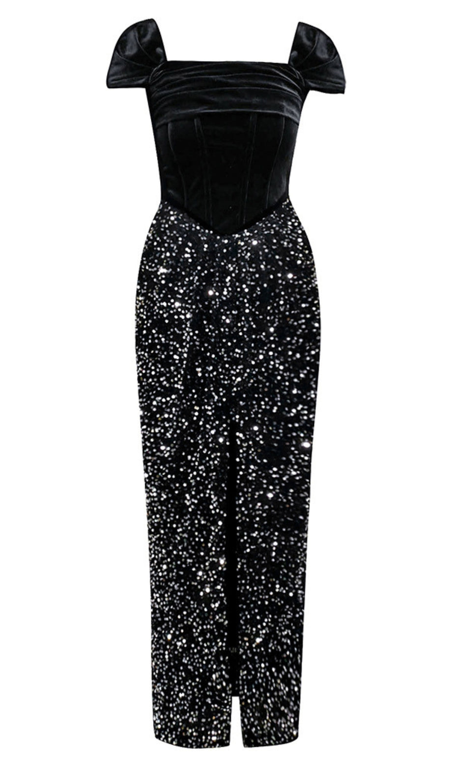 Samt-Maxikleid mit schulterfreiem Glitzerrock in Schwarz