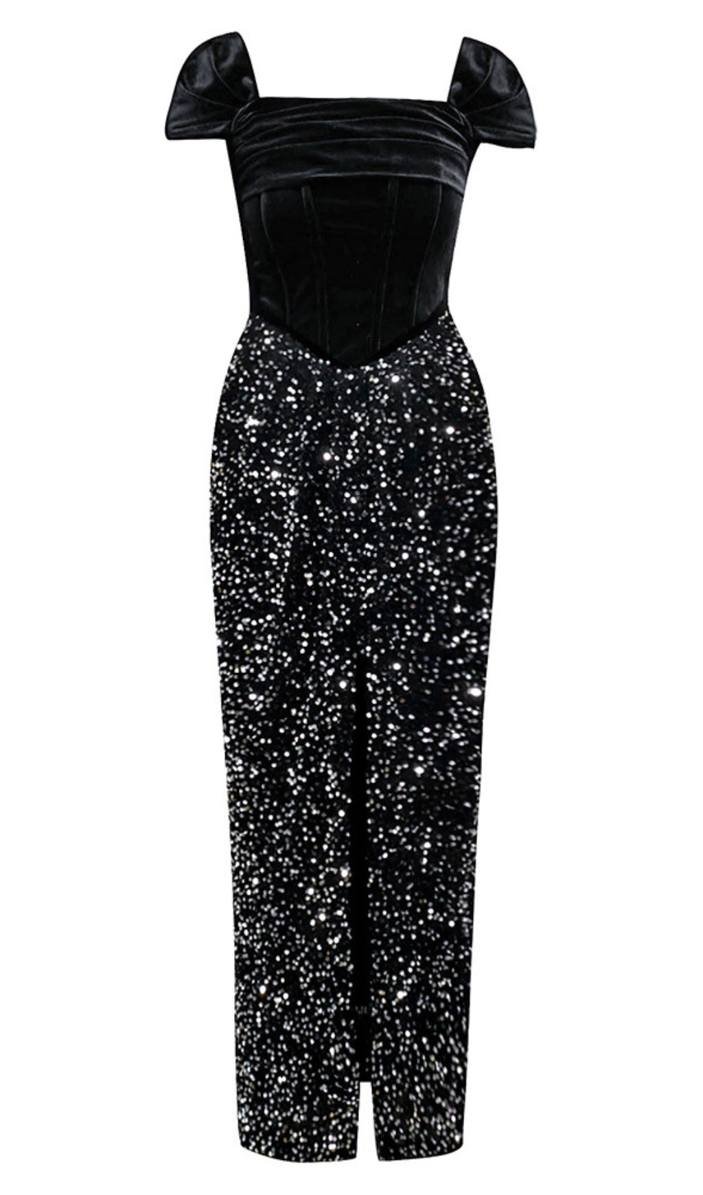 VELVET OFF - SHOULDER GLITTER - SKIRT MAXI DRESS IN BLACK