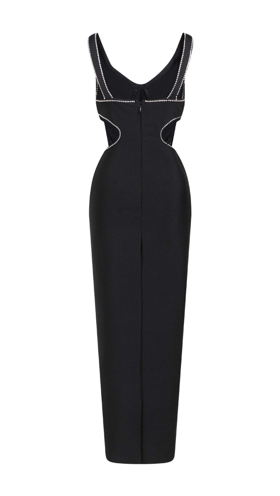 RHINESTONE - TRIMMED V - NECK SIDE - SLIT MAXI DRESS IN BLACK