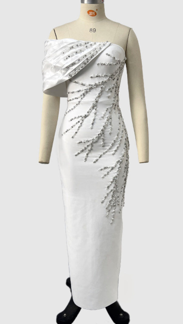 AIIZIE ONE SHOULDER RHINESTONE EMBELLISHED DRAPE GOWN IN WHITE - product image