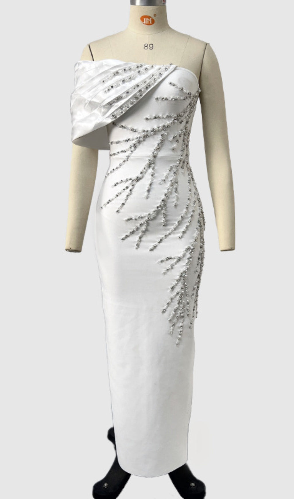 ONE SHOULDER RHINESTONE EMBELLISHED DRAPE GOWN IN WHITE