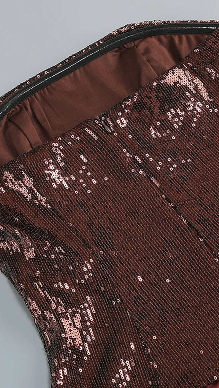 STRAPLESS SEQUIN BUBBLE MINI DRESS IN BROWN