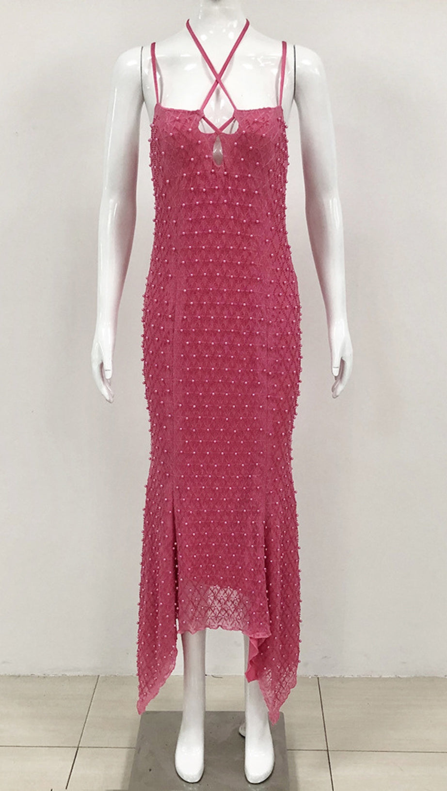 PEARL - EMBELLISHED CRISS - CROSS BACK ASYMMETRIC MIDI DRESS IN PINK