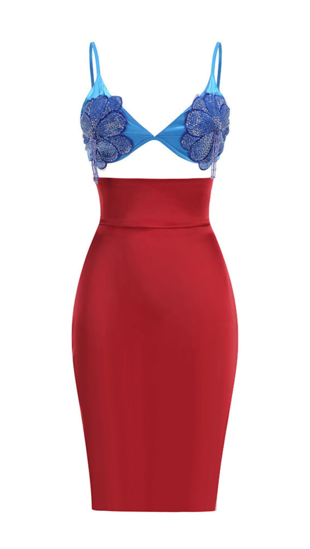 AIIZIE BLUE LACE BRALETTE AND RED SATIN PENCIL SKIRT SET - product image