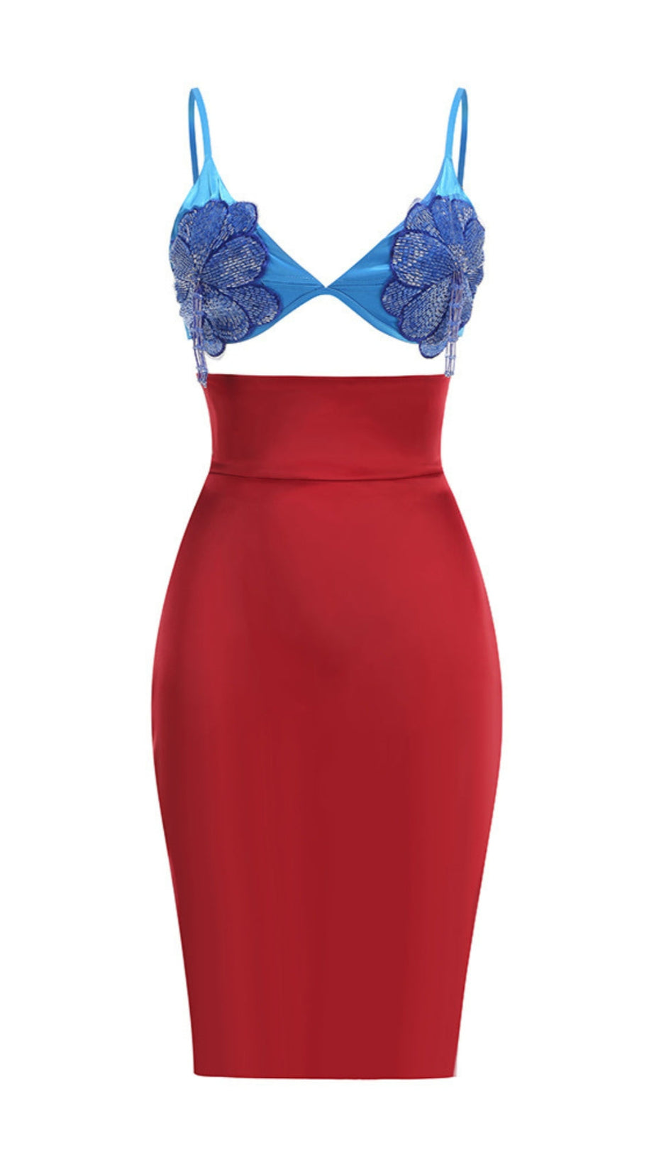 BLUE LACE BRALETTE AND RED SATIN PENCIL SKIRT SET