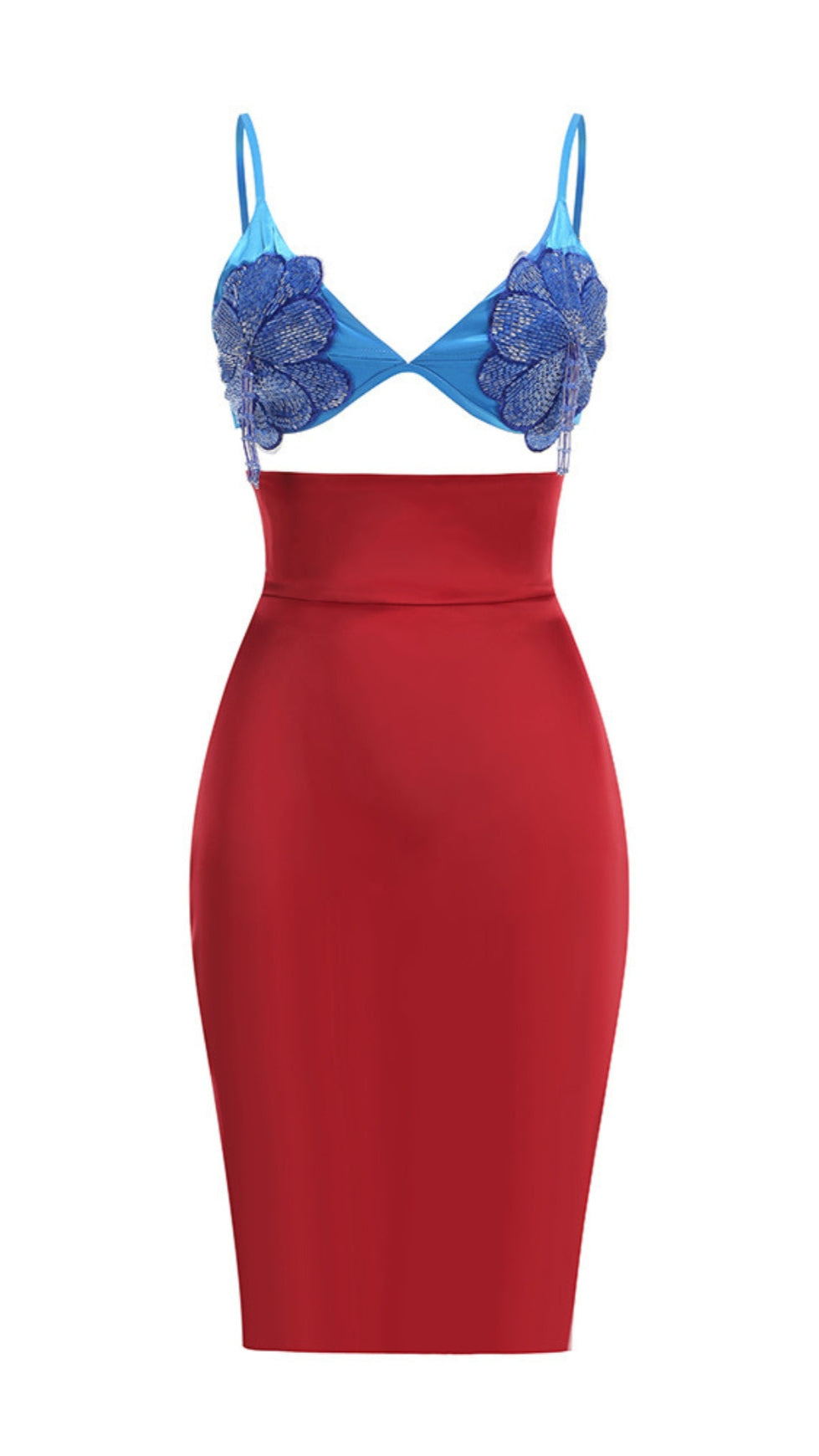 BLUE LACE BRALETTE AND RED SATIN PENCIL SKIRT SET