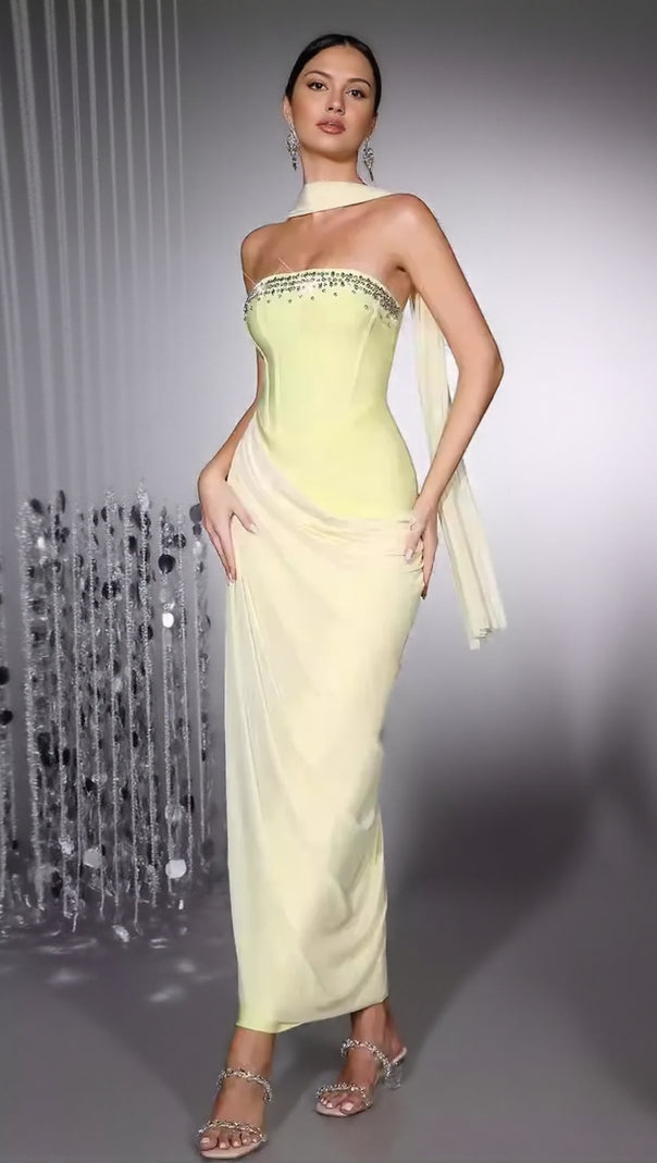 AIIZIE RHINESTONE PATCHWORK STRAPLESS HERRINGBONE MAXI DRESS - YELLOW - product image