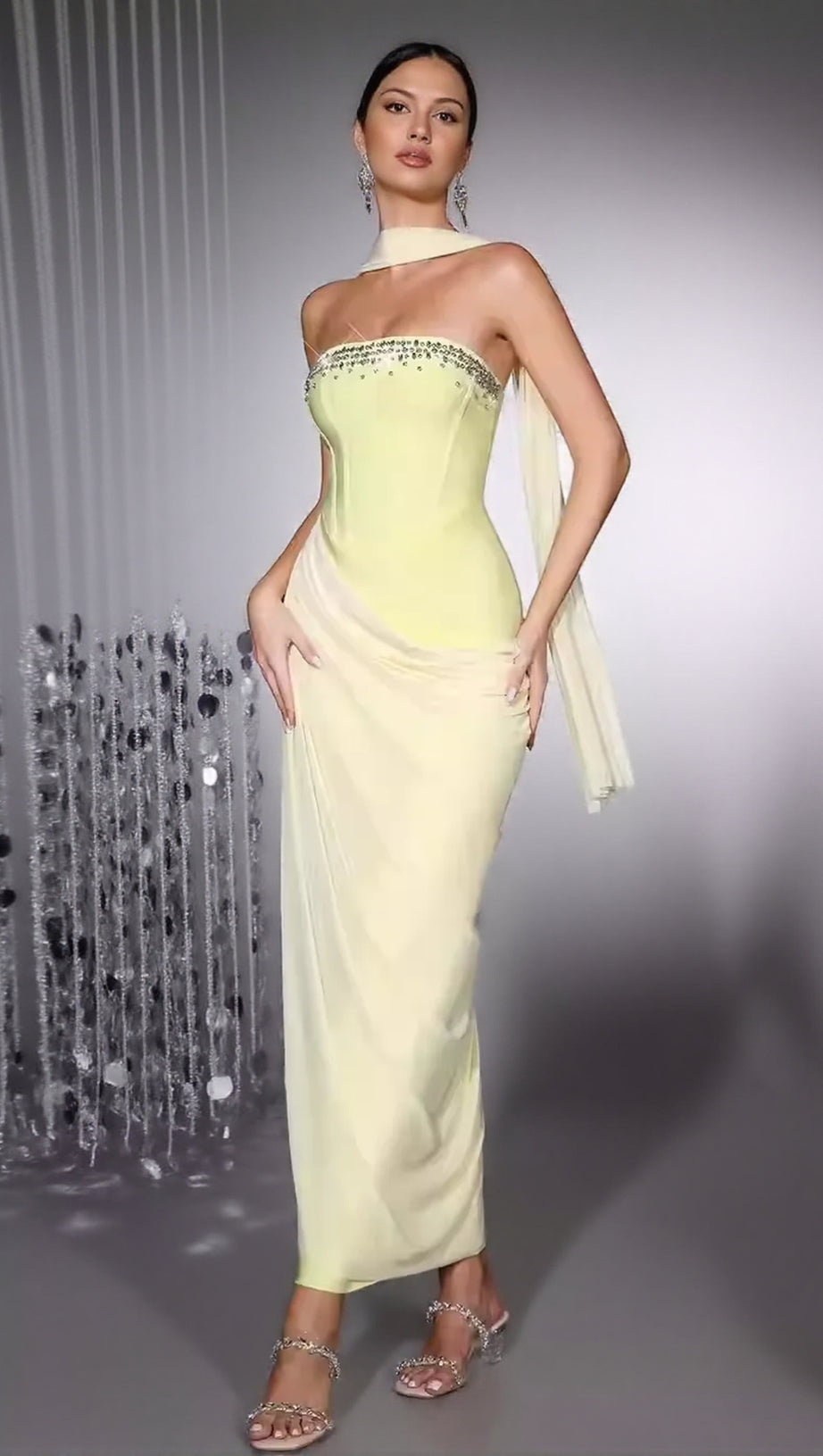 RHINESTONE PATCHWORK STRAPLESS HERRINGBONE MAXI DRESS - YELLOW