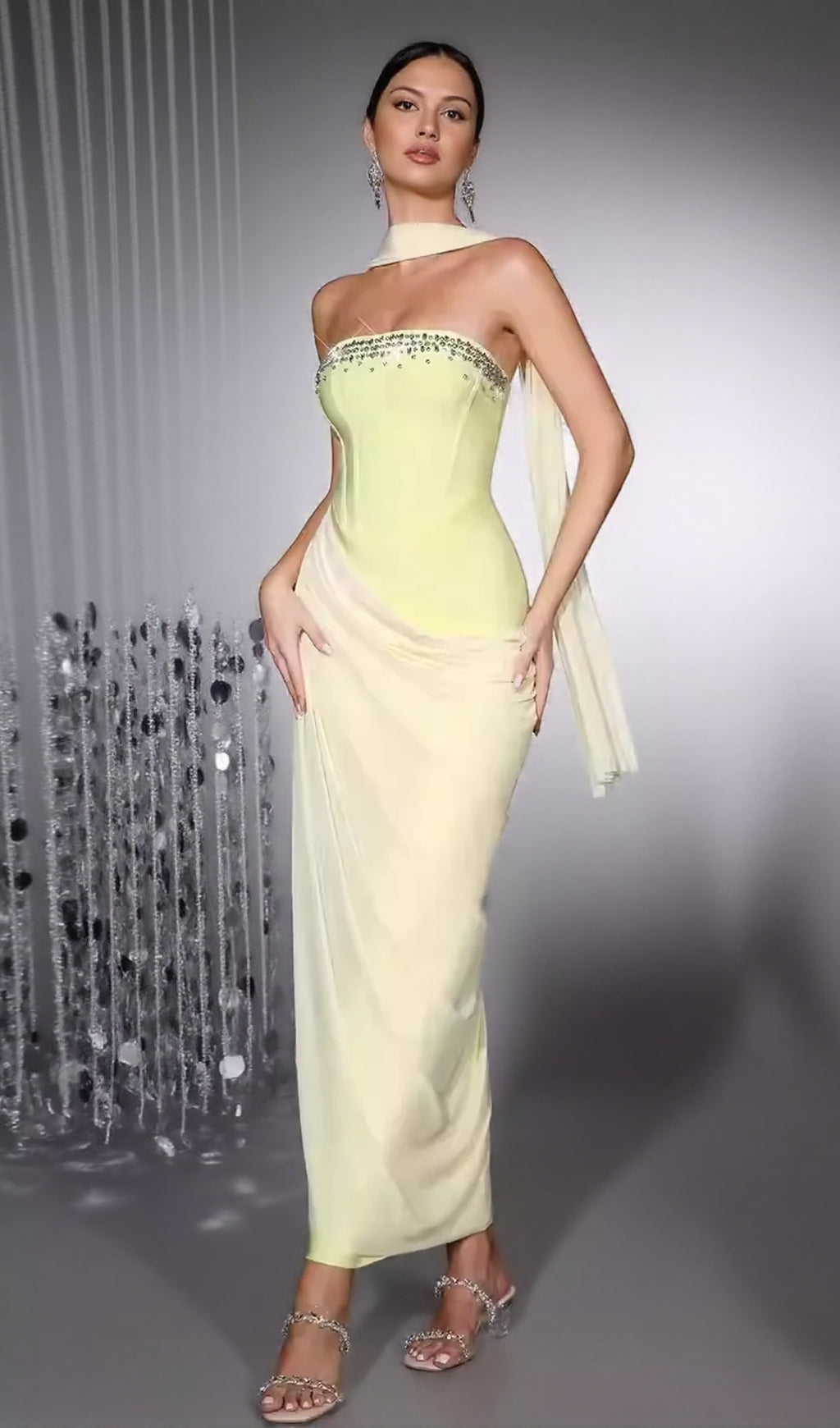 AIIZIE RHINESTONE PATCHWORK STRAPLESS HERRINGBONE MAXI DRESS - YELLOW - product image