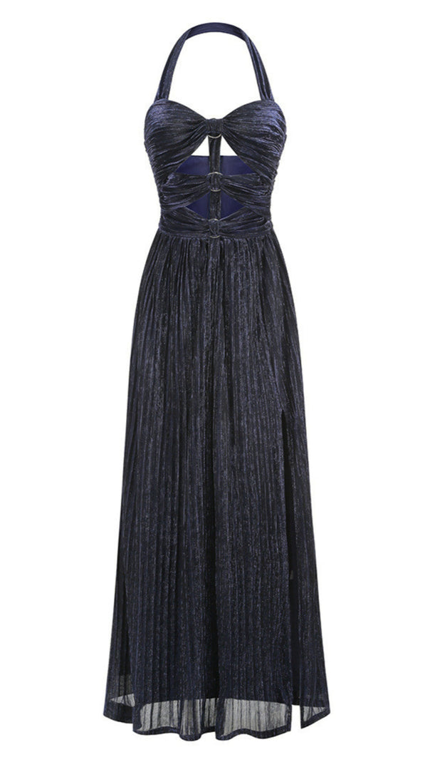 AIIZIE ELEGANT NAVY HALTER PLEATED MAXI DRESS CUTOUT WAIST GOWN - product image