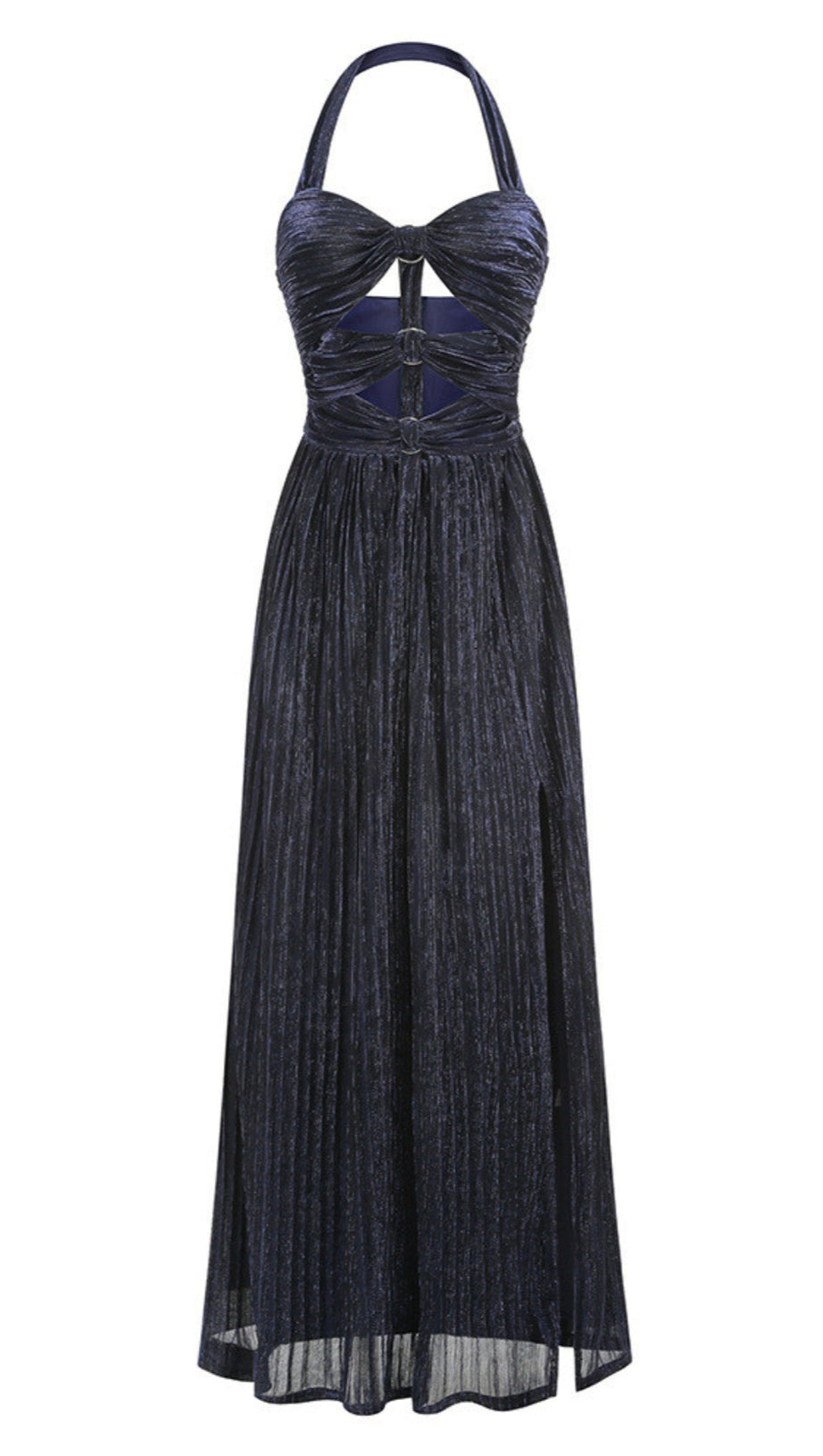 ELEGANT NAVY HALTER PLEATED MAXI DRESS CUTOUT WAIST GOWN