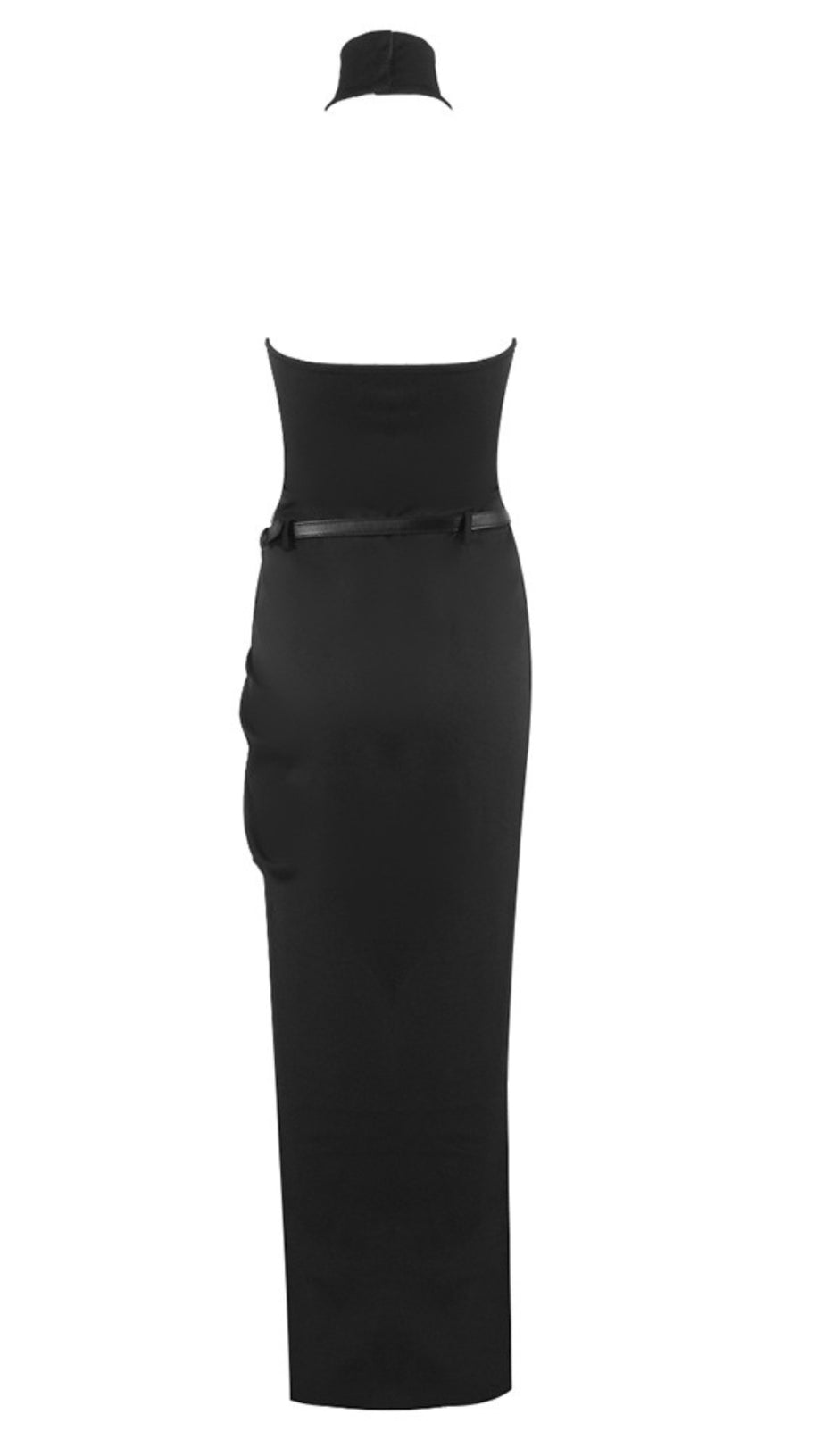 HALTER NECK BELTED SLIT MAXI DRESS IN BLACK