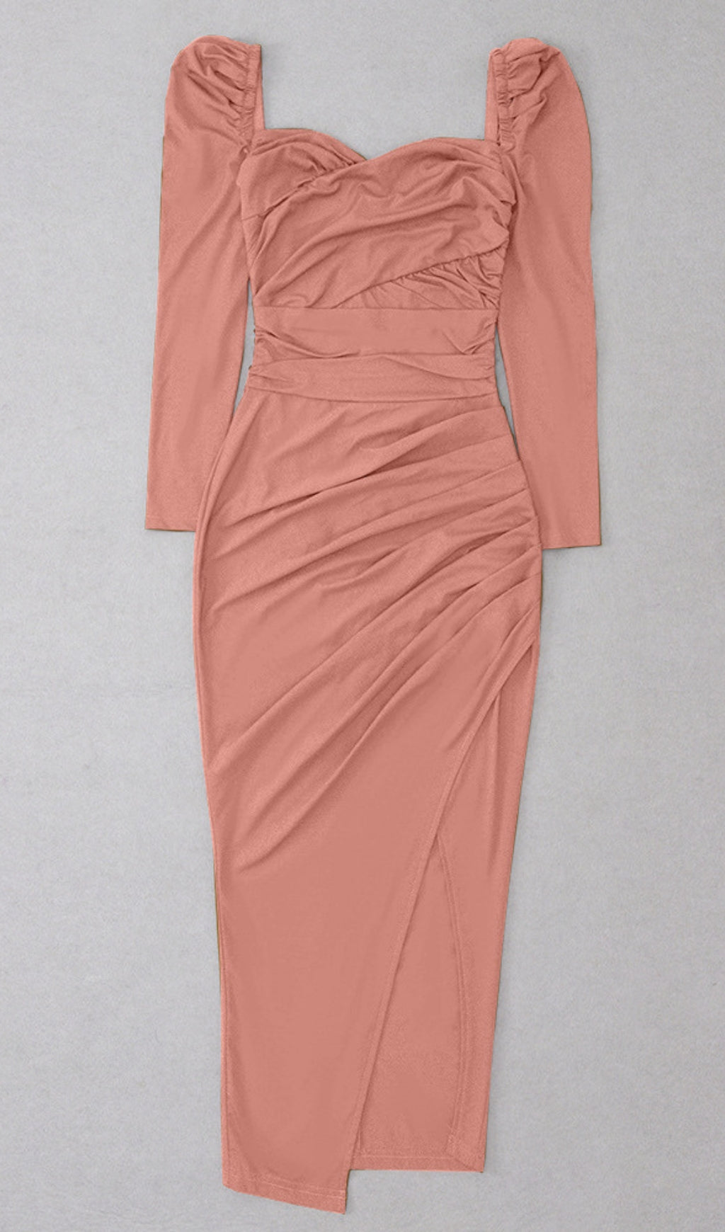 Square - Neck Puff - Sleeve Ruched Slit Midi Dress in Pink