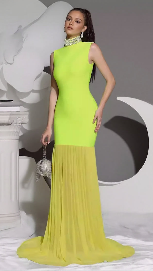 AIIZIE AMY MESH STITCHING DIAMOND HIGH COLLAR BANDAGE MAXI DRESS IN GREEN - product image