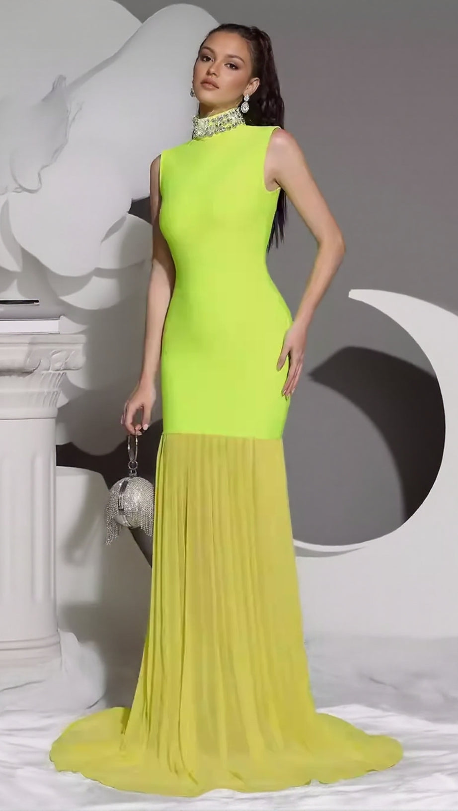 AMY MESH STITCHING DIAMOND HIGH COLLAR BANDAGE MAXI DRESS IN GREEN