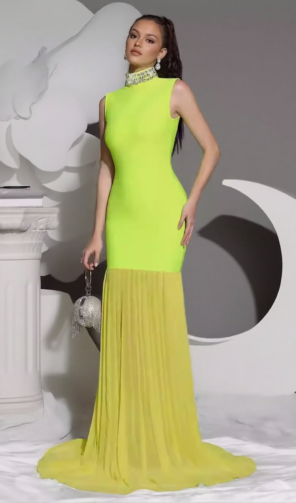 AIIZIE AMY MESH STITCHING DIAMOND HIGH COLLAR BANDAGE MAXI DRESS IN GREEN - product image