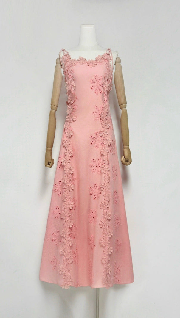 LACE TRIM EMBROIDERY HOLLOW MIDI DRESS IN WHITE