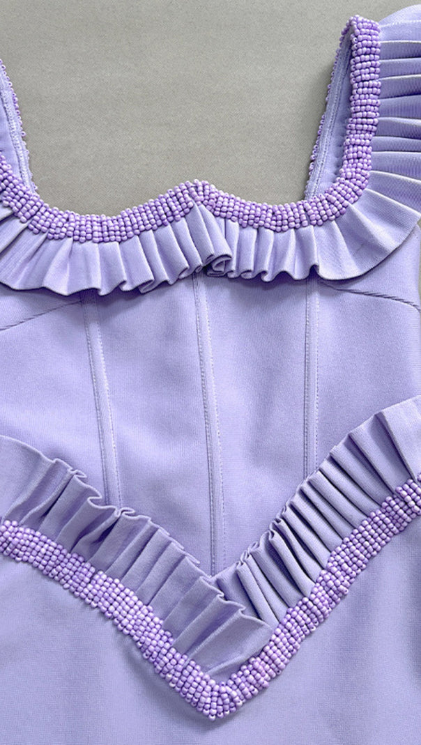 AIIZIE SQUARE NECK RUFFLE TRIM BEADED MIDI DRESS IN LAVENDER - product image