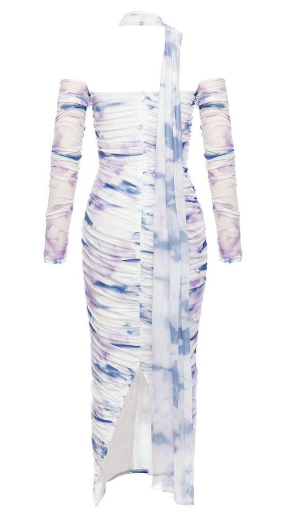 AIIZIE TIE - DYE ONE - SHOULDER RUCHED MIDI DRESS IN BEIGE AND BLUE - product image