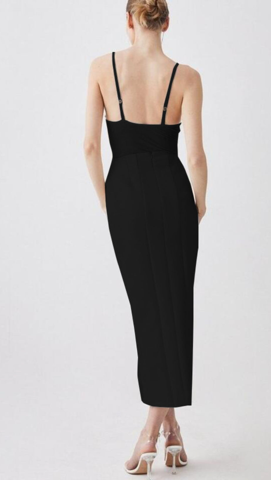 MESH - PANELED SPAGHETTI - STRAP SIDE - SLIT MIDI DRESS IN BLACK