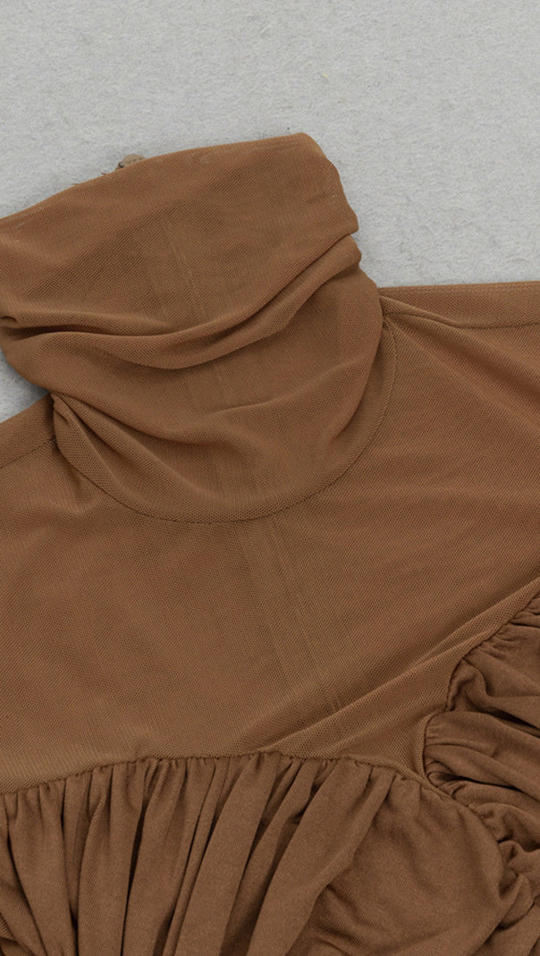 AIIZIE MESH - SLEEVE RUCHED HIGH - NECK MAXI DRESS IN BROWN - product image