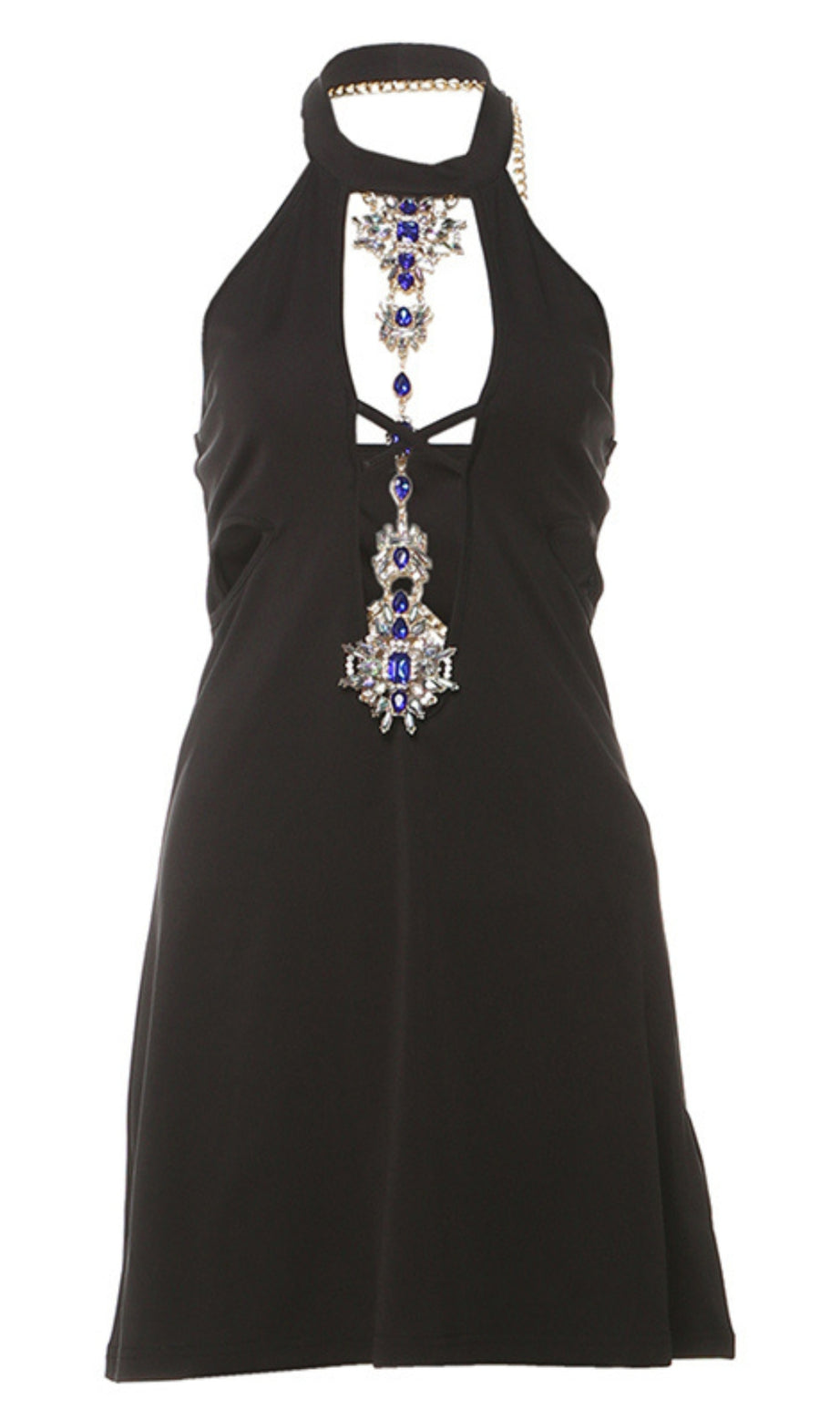BLACK HALTER NECK CUT - OUT CLUB MINI DRESS