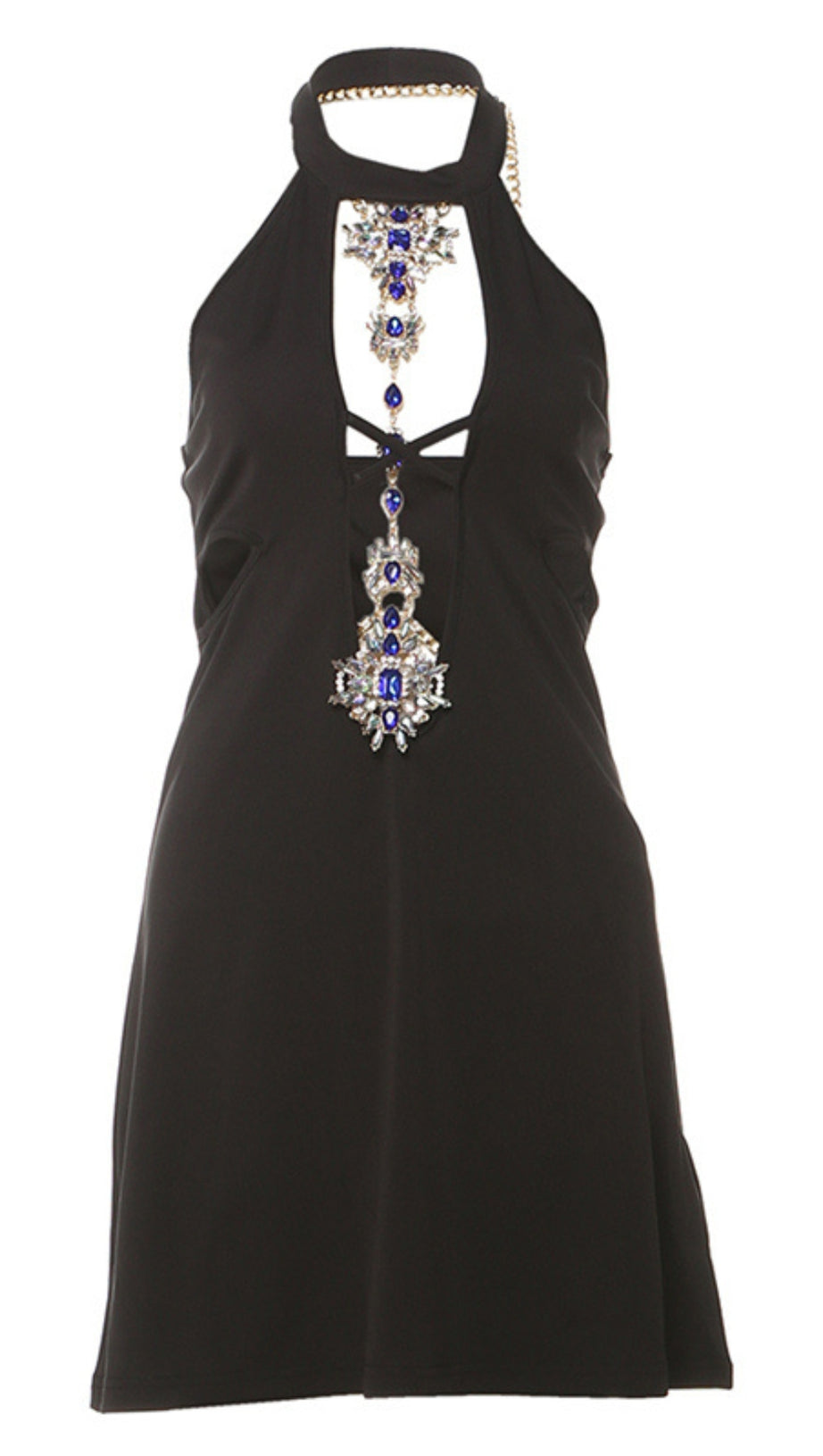 BLACK HALTER NECK CUT - OUT CLUB MINI DRESS