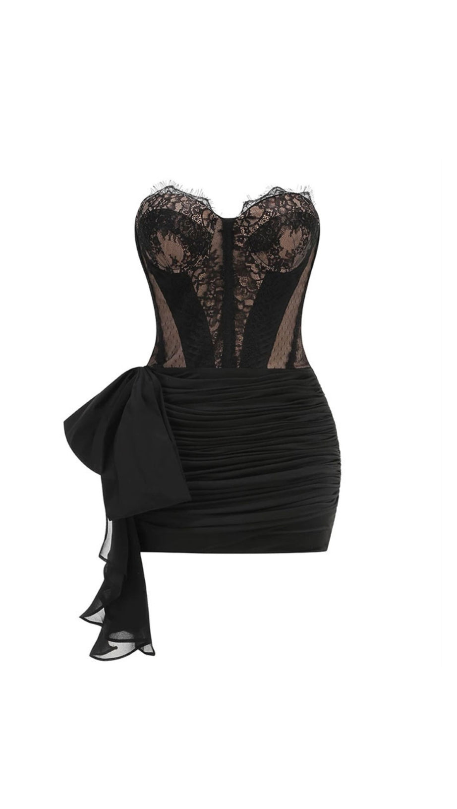 Schwarzes, trägerloses, asymmetrisches Hoco-Kleid aus Spitze 